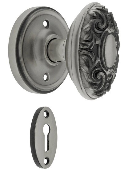 Classic Rosette Mortise Lock Set With Decorative Oval Knobs in Antique Pewter finish.